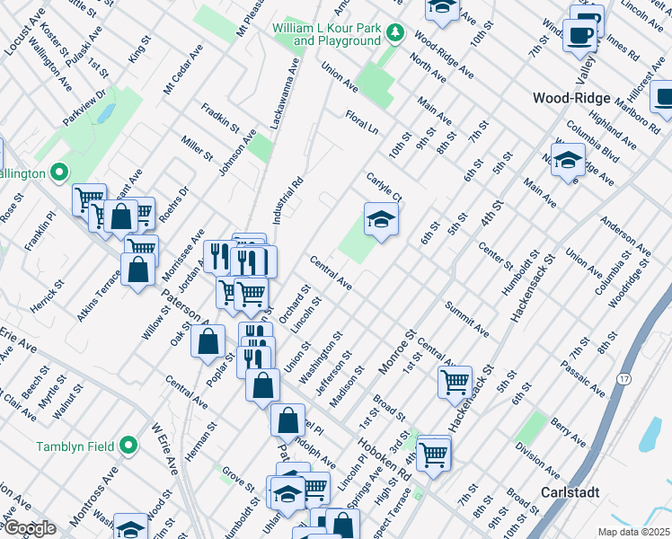map of restaurants, bars, coffee shops, grocery stores, and more near 611 Central Ave in Carlstadt