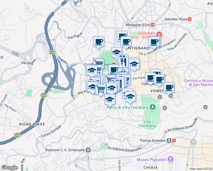 map of restaurants, bars, coffee shops, grocery stores, and more near 38 Via Belvedere in Naples