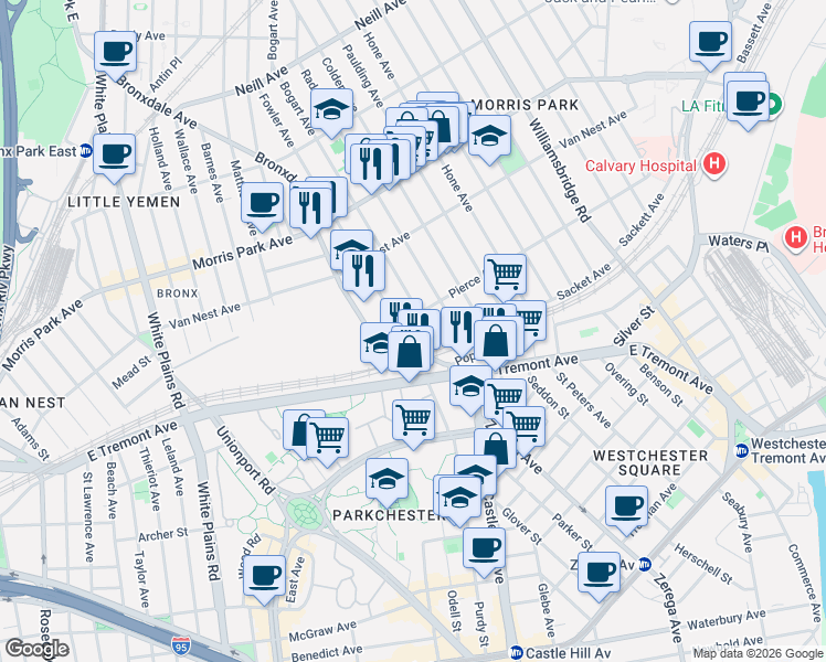 map of restaurants, bars, coffee shops, grocery stores, and more near 907 Sacket Avenue in Bronx