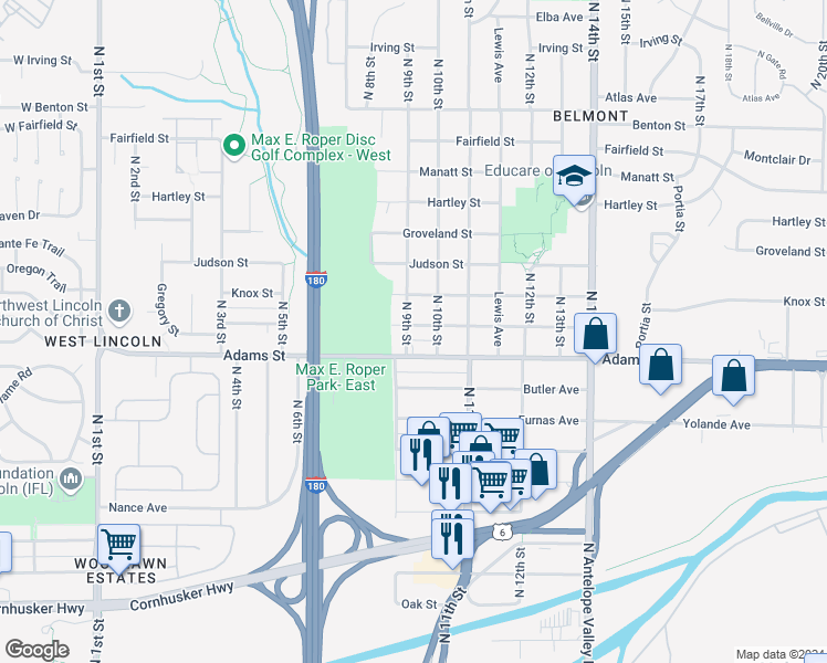 map of restaurants, bars, coffee shops, grocery stores, and more near 3140 North 9th Street in Lincoln