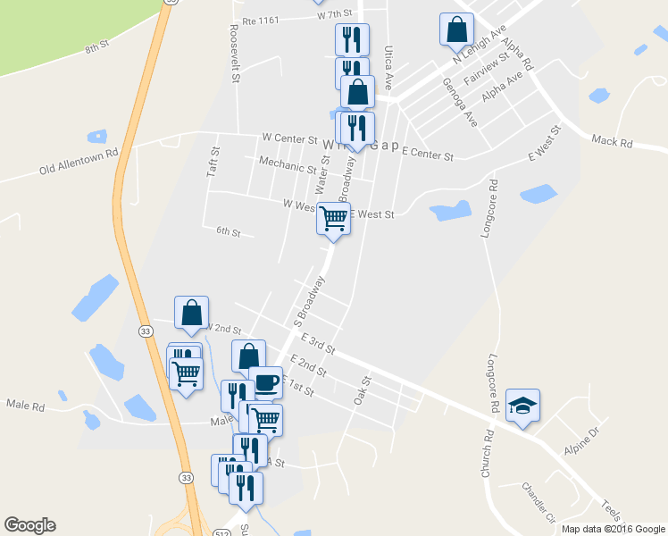 map of restaurants, bars, coffee shops, grocery stores, and more near 333 South Broadway in Wind Gap
