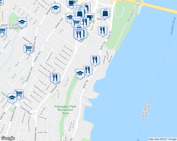 map of restaurants, bars, coffee shops, grocery stores, and more near 1444 River Road in Edgewater