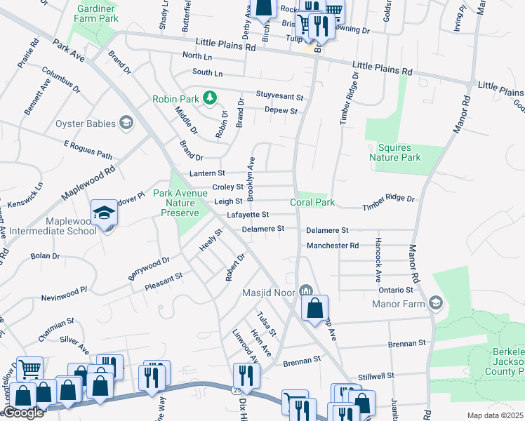 map of restaurants, bars, coffee shops, grocery stores, and more near 55 Lafayette Street in Huntington