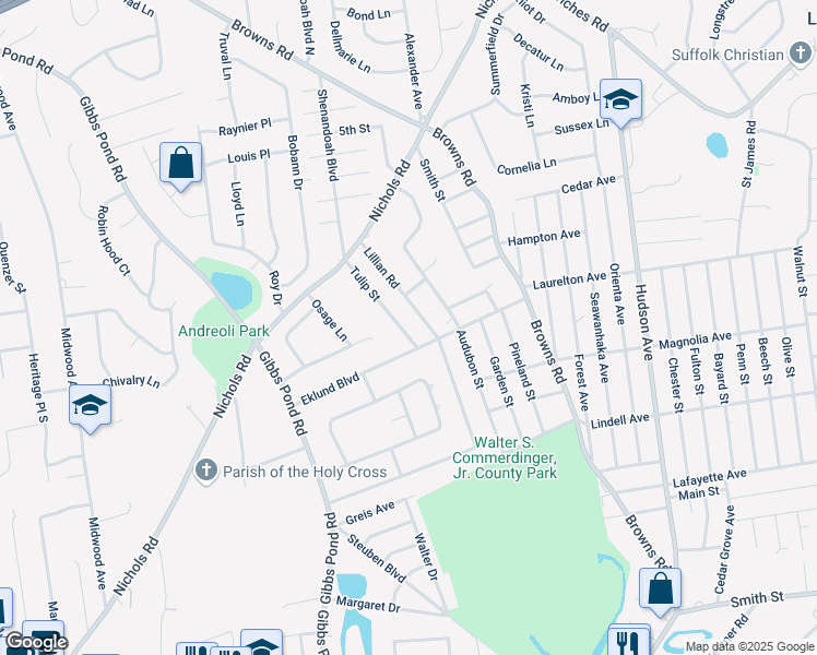 map of restaurants, bars, coffee shops, grocery stores, and more near 43 Tulip Street in Nesconset