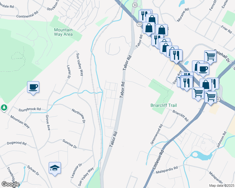 map of restaurants, bars, coffee shops, grocery stores, and more near 182 Tabor Road in Morris Plains