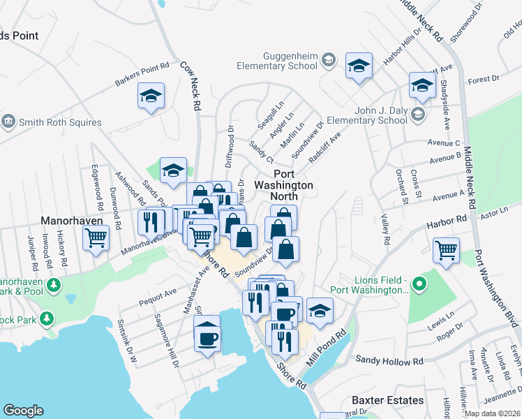 map of restaurants, bars, coffee shops, grocery stores, and more near 12 Wildwood Gardens in Port Washington North