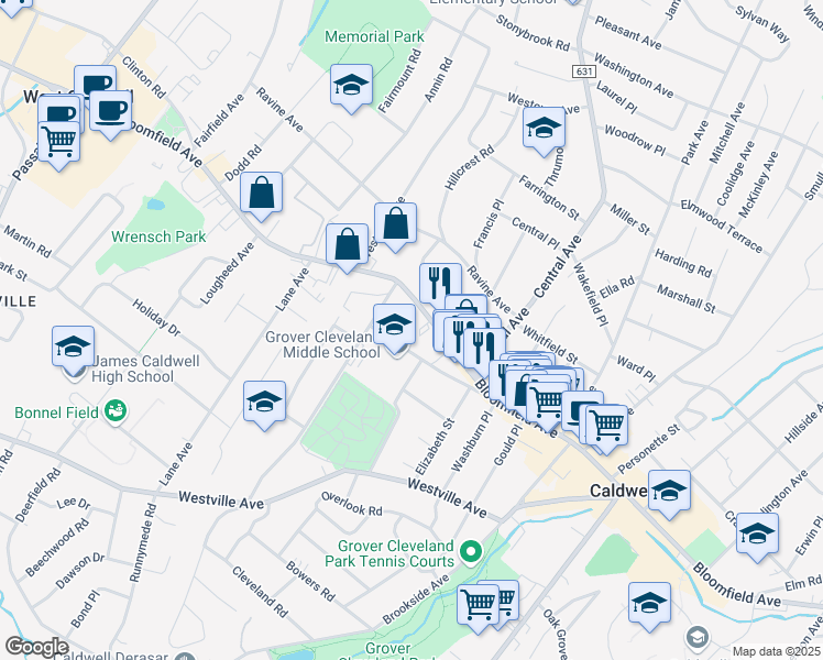map of restaurants, bars, coffee shops, grocery stores, and more near 33 Academy Road in Caldwell