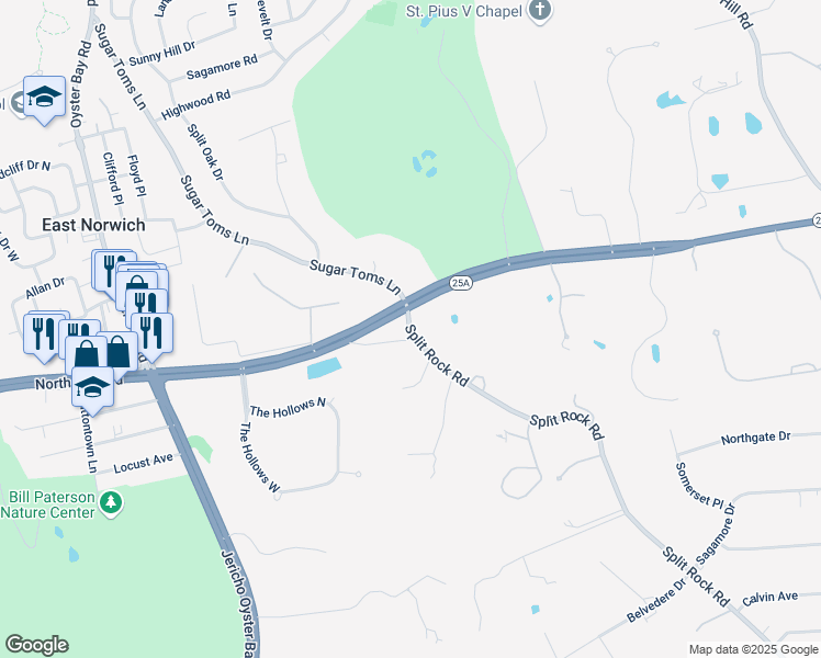 map of restaurants, bars, coffee shops, grocery stores, and more near 571 Split Rock Road in Syosset