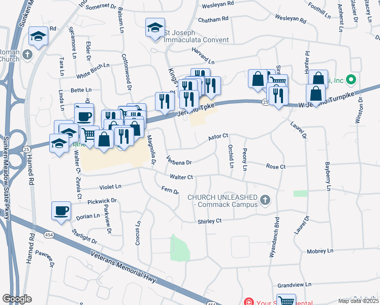map of restaurants, bars, coffee shops, grocery stores, and more near 12 Astor Court in Commack