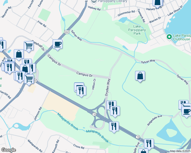map of restaurants, bars, coffee shops, grocery stores, and more near 8 Campus Drive in Parsippany-Troy Hills