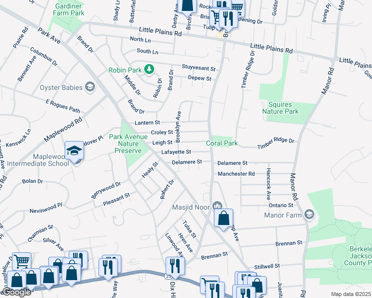 map of restaurants, bars, coffee shops, grocery stores, and more near 55 Lafayette Street in Huntington