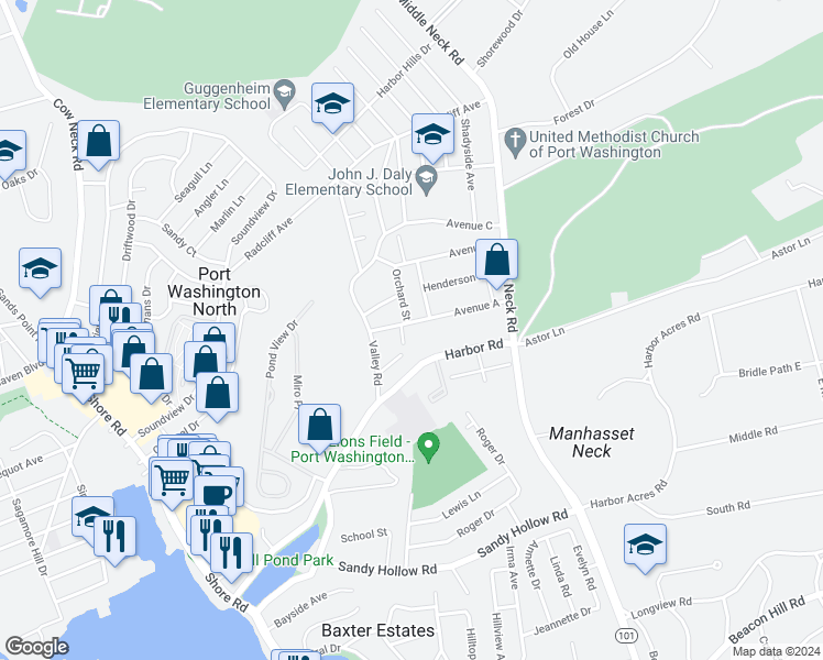 map of restaurants, bars, coffee shops, grocery stores, and more near 32 Avenue B in Port Washington