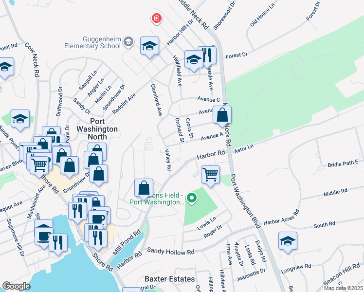 map of restaurants, bars, coffee shops, grocery stores, and more near 8 Avenue A in Port Washington