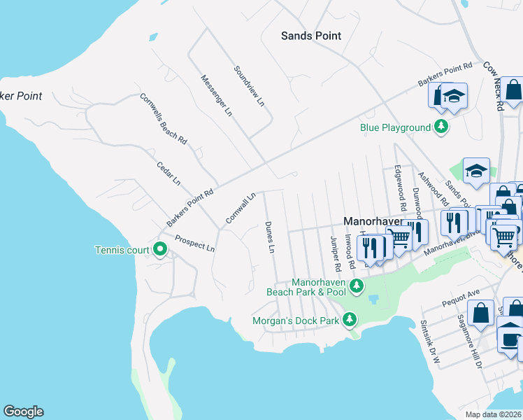 map of restaurants, bars, coffee shops, grocery stores, and more near 45E Dunes Lane in Port Washington