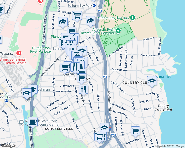 map of restaurants, bars, coffee shops, grocery stores, and more near 1562 Hollywood Avenue in The Bronx