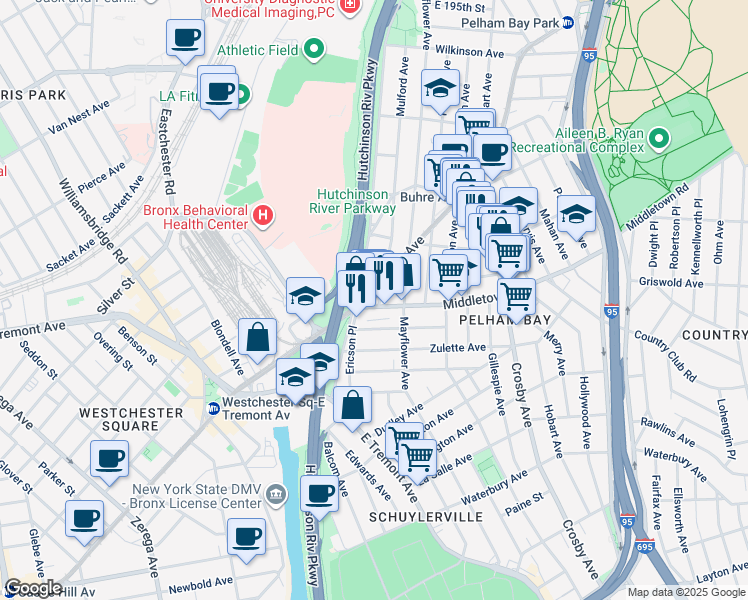 map of restaurants, bars, coffee shops, grocery stores, and more near in The Bronx