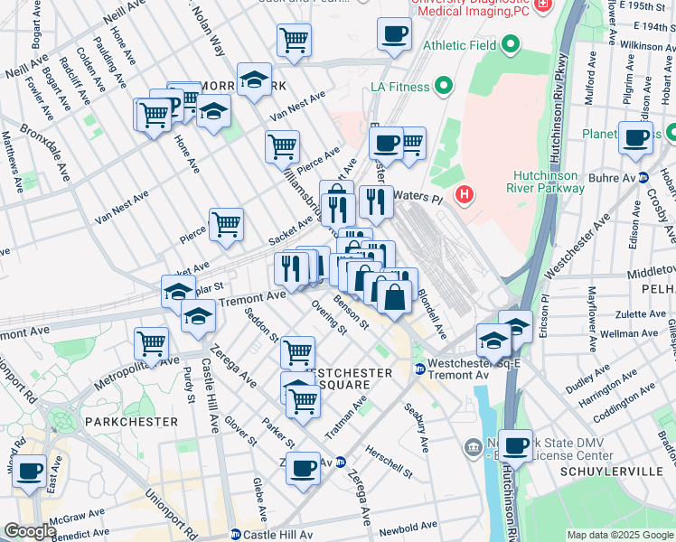 map of restaurants, bars, coffee shops, grocery stores, and more near 2633 East Tremont Avenue in The Bronx