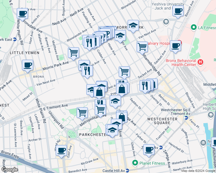 map of restaurants, bars, coffee shops, grocery stores, and more near 974 Sacket Avenue in Bronx
