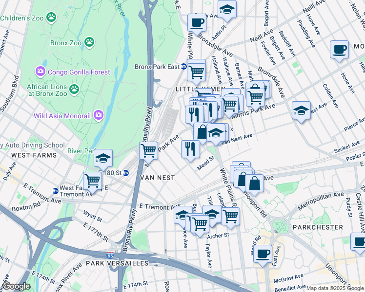 map of restaurants, bars, coffee shops, grocery stores, and more near in The Bronx