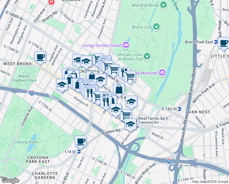 map of restaurants, bars, coffee shops, grocery stores, and more near 2061 Daly Avenue in Bronx