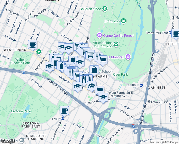 map of restaurants, bars, coffee shops, grocery stores, and more near 2061 Daly Avenue in Bronx