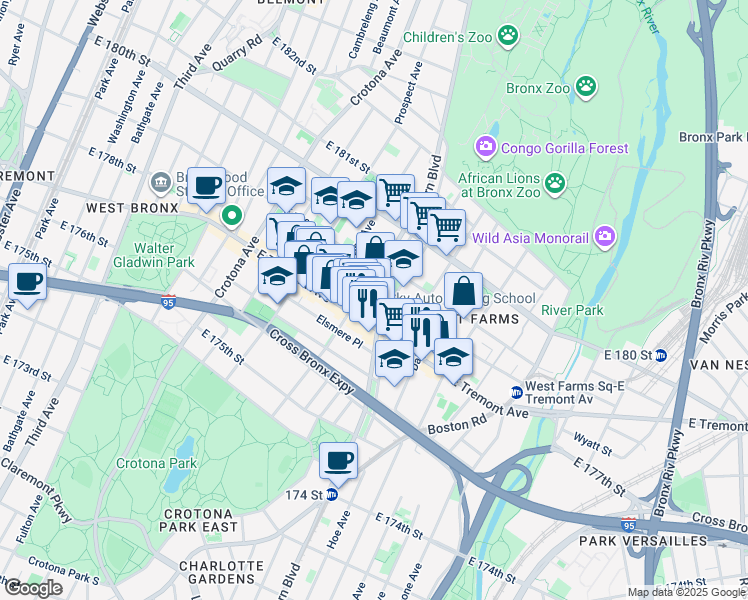 map of restaurants, bars, coffee shops, grocery stores, and more near 1973b Southern Boulevard in Bronx