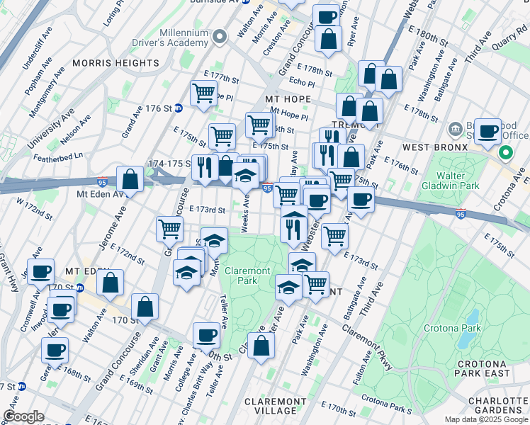 map of restaurants, bars, coffee shops, grocery stores, and more near in The Bronx