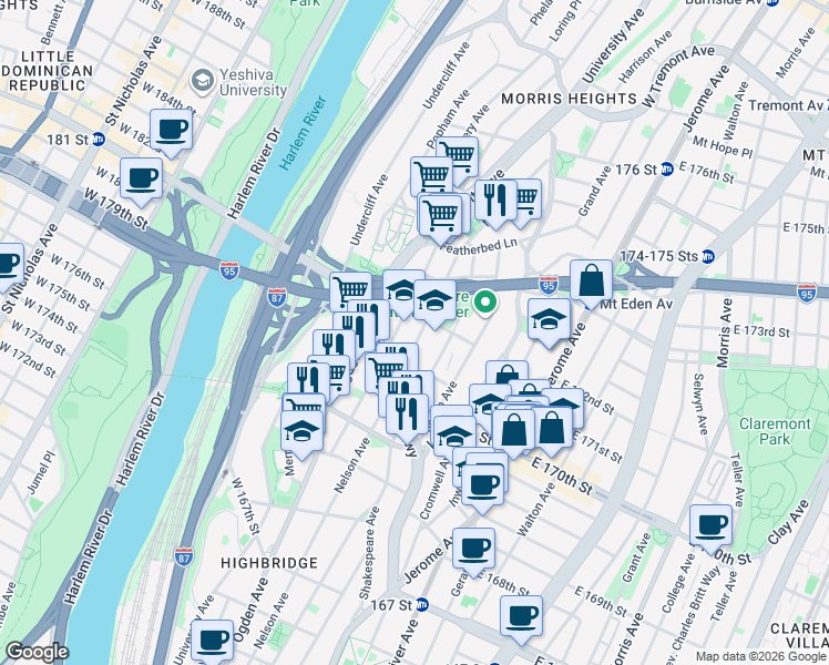 map of restaurants, bars, coffee shops, grocery stores, and more near 1439 Nelson Avenue in Bronx