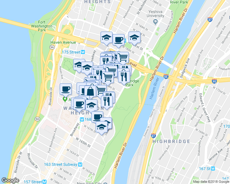 map of restaurants, bars, coffee shops, grocery stores, and more near 2301 Amsterdam Avenue in New York