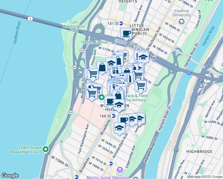 map of restaurants, bars, coffee shops, grocery stores, and more near 4046 Broadway in New York