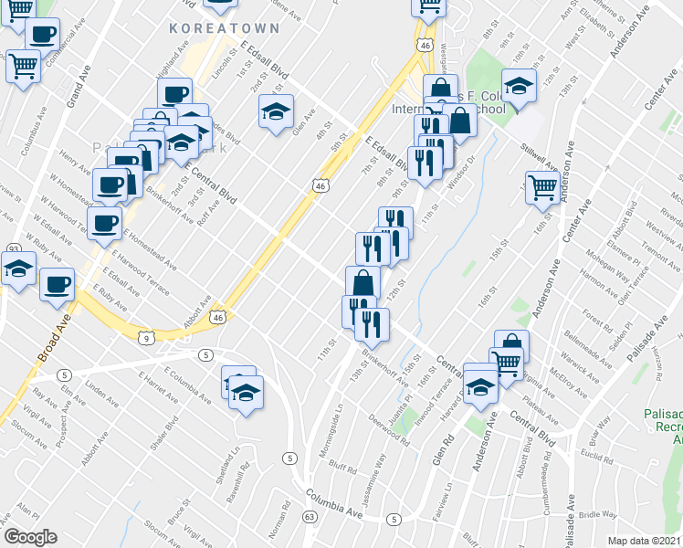 map of restaurants, bars, coffee shops, grocery stores, and more near 325 East Central Boulevard in Palisades Park