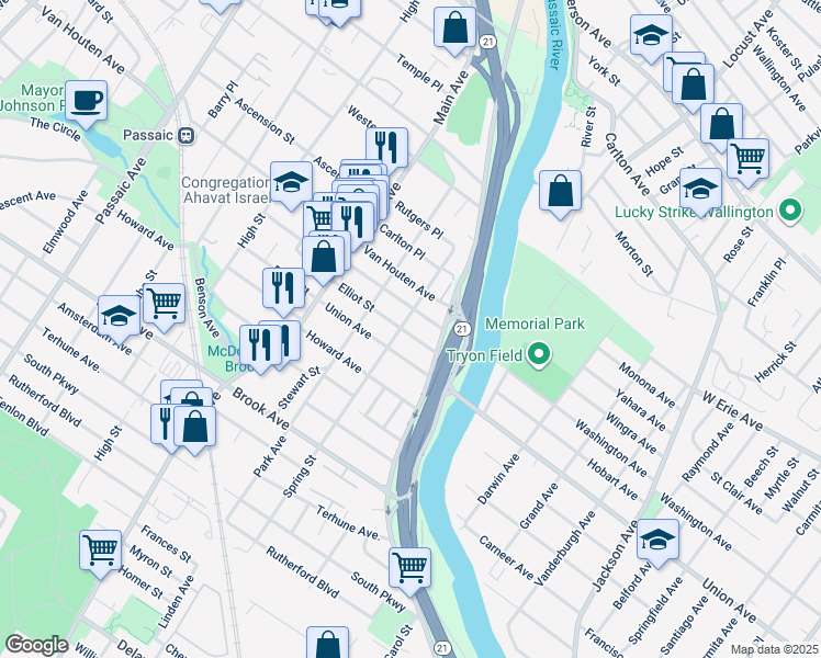 map of restaurants, bars, coffee shops, grocery stores, and more near 88 Spring Street in Passaic