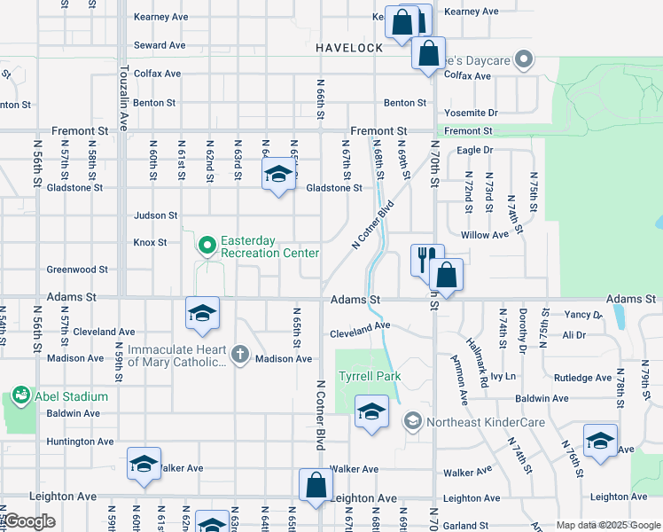 map of restaurants, bars, coffee shops, grocery stores, and more near 3027 North Cotner Boulevard in Lincoln