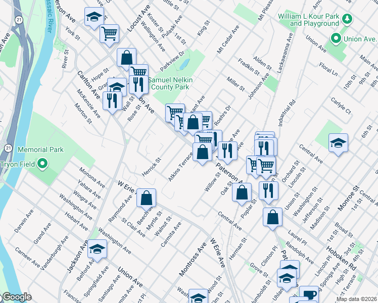 map of restaurants, bars, coffee shops, grocery stores, and more near 9 Atkins Terrace in East Rutherford