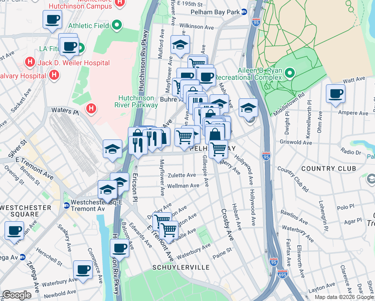 map of restaurants, bars, coffee shops, grocery stores, and more near 2902 Middletown Road in Bronx