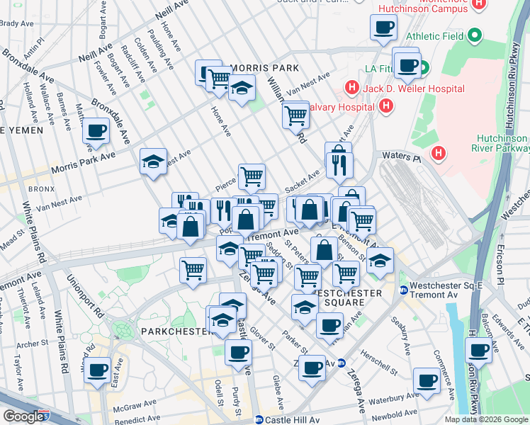 map of restaurants, bars, coffee shops, grocery stores, and more near 1524 Hone Avenue in Bronx