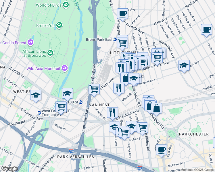 map of restaurants, bars, coffee shops, grocery stores, and more near in The Bronx