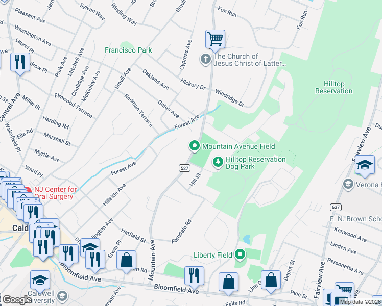 map of restaurants, bars, coffee shops, grocery stores, and more near 127 Mountain Avenue in West Caldwell