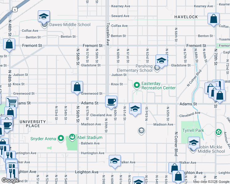 map of restaurants, bars, coffee shops, grocery stores, and more near 3045 North 60th Street in Lincoln