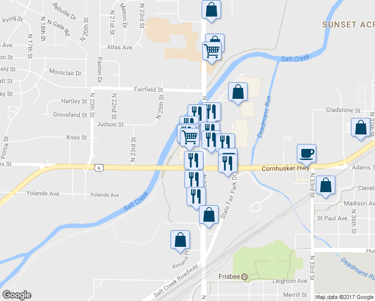 map of restaurants, bars, coffee shops, grocery stores, and more near 2662 Cornhusker Highway in Lincoln