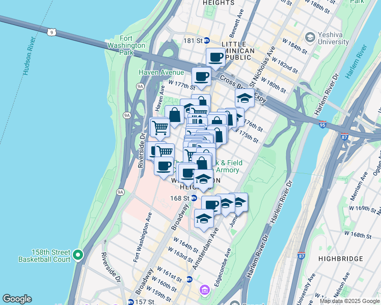 map of restaurants, bars, coffee shops, grocery stores, and more near 4067 Broadway in New York