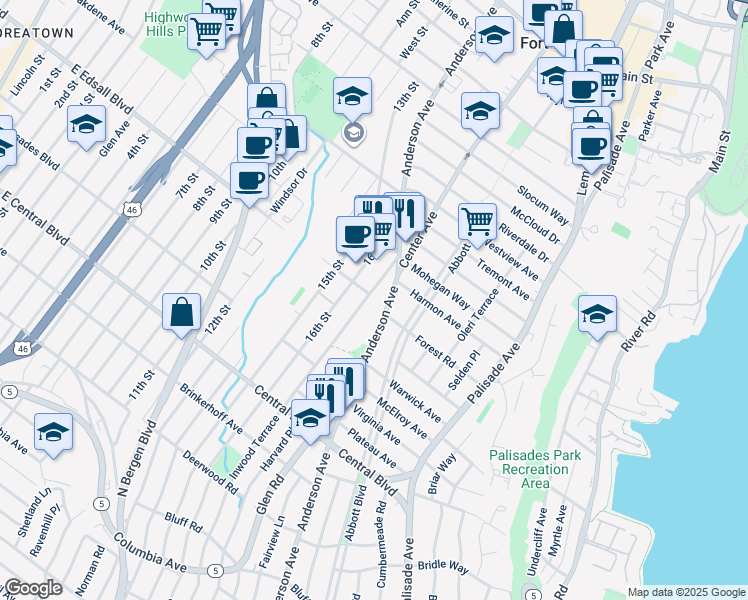 map of restaurants, bars, coffee shops, grocery stores, and more near 1319 Anderson Avenue in Fort Lee