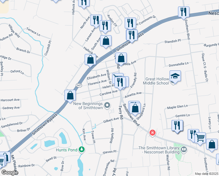 map of restaurants, bars, coffee shops, grocery stores, and more near 5 Caroline Avenue in Smithtown
