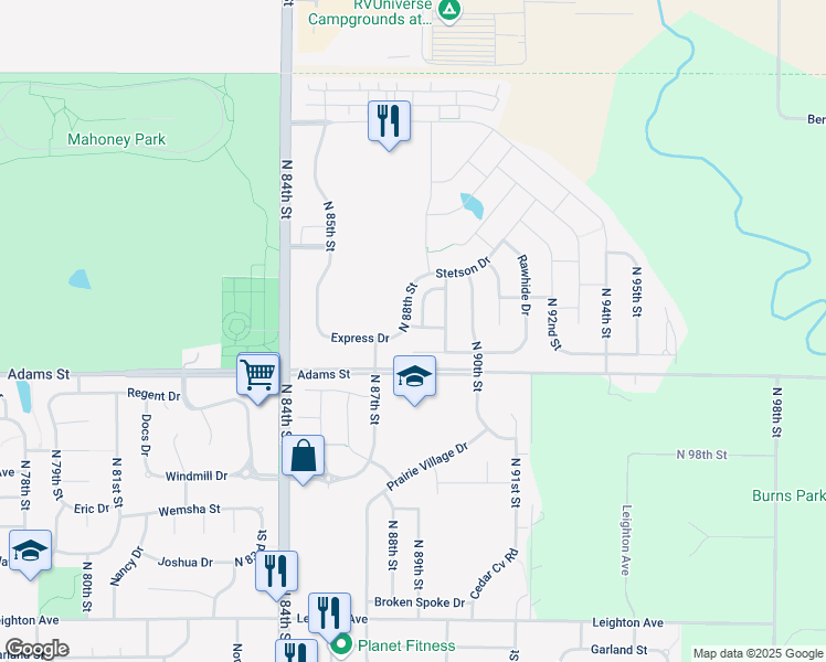 map of restaurants, bars, coffee shops, grocery stores, and more near 8811 Rifle Drive in Lincoln