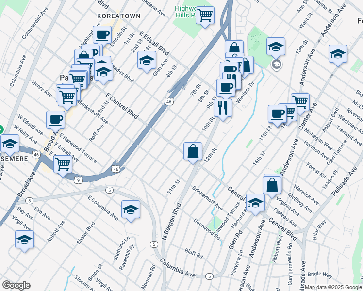 map of restaurants, bars, coffee shops, grocery stores, and more near 325 East Central Boulevard in Palisades Park