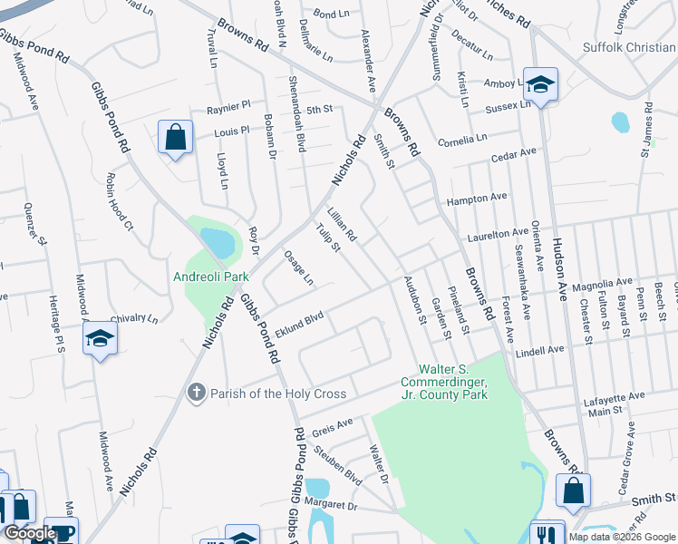 map of restaurants, bars, coffee shops, grocery stores, and more near 23 Tall Pines Lane in Nesconset