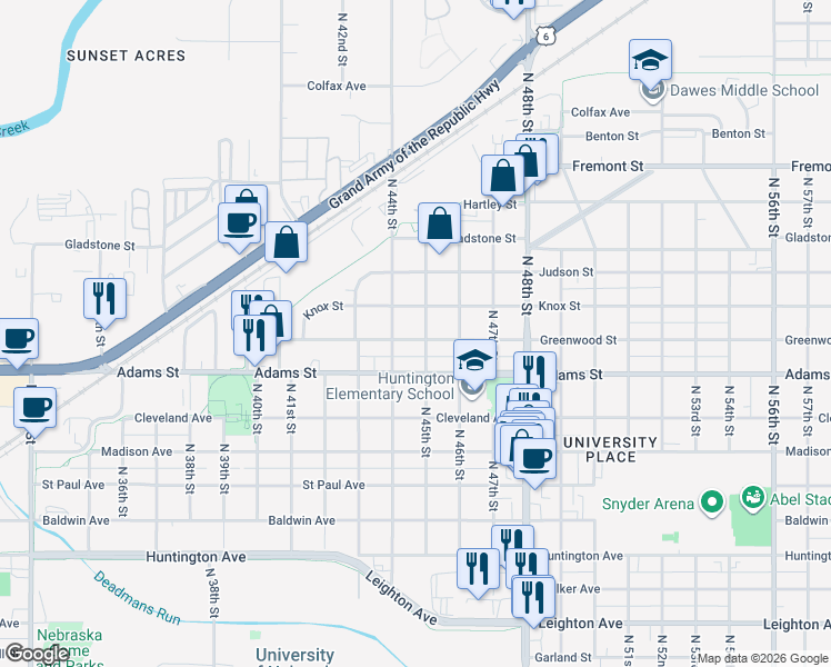 map of restaurants, bars, coffee shops, grocery stores, and more near 4411 Greenwood Street in Lincoln