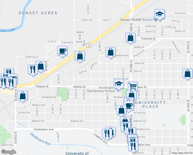 map of restaurants, bars, coffee shops, grocery stores, and more near 4330 Greenwood Street in Lincoln