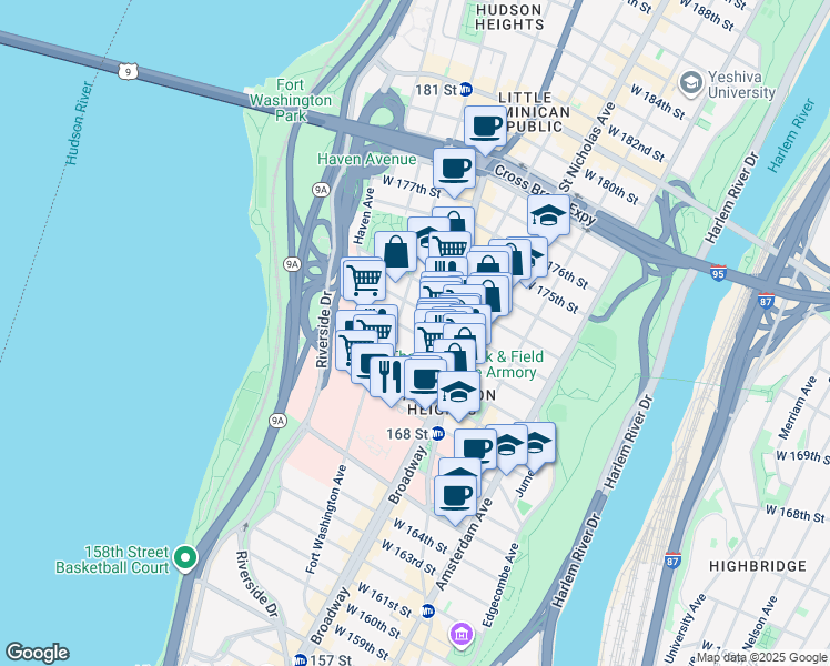 map of restaurants, bars, coffee shops, grocery stores, and more near 649 West 171st Street in New York