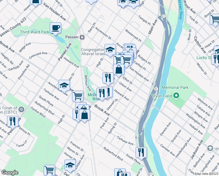 map of restaurants, bars, coffee shops, grocery stores, and more near 119 Main Avenue in Passaic